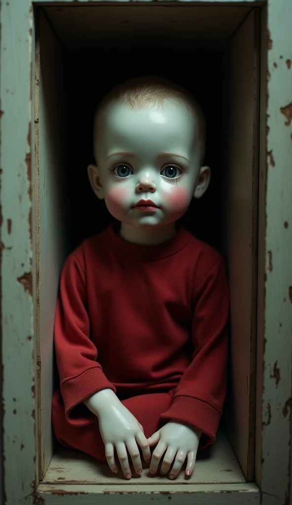 Image of a doll in the shape of an  boy, wearing a red shirt, in a small, dark room