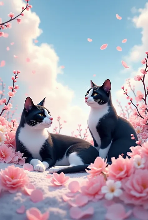 Black and white cats， A beautiful time comfortably in a watercolor style sky ，Enjoy a great time in the comfort of the busy air。 A world of petals 。