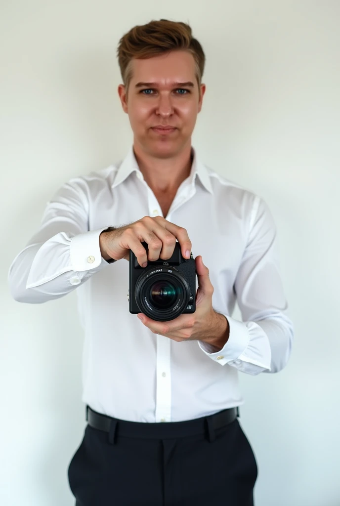  white man, beautiful, with blue eyes, taking a selfie wearing a white shirt and black pants showing the entire body showing a white wall