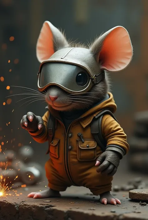 a mouse with a welders mask covering his head and suit 
