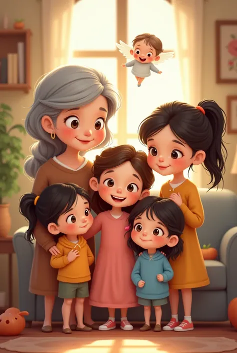  Create a cartoon of a family of an older adult mother three daughters , a male son and a little angel 