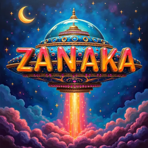 At upper "  the name Zanaka in vibrant colors with intricate gold edges. Each letter adorned with unique, shiny-dazzling multi-colored shiny-dazzling jewels. 
A vibrant and surreal best photo, featuring a UFO design that has been meticulously crafted using...