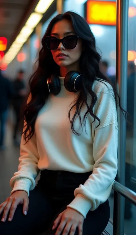  very beautiful woman(slender body, curved,  with medium breasts and low body fat ,  curly hair,bulky from the shoulders ,  long black hair )  sitting in the bus shelter crowded people,  wearing a white sweater and black pants ,  sunglasses and headphones ...