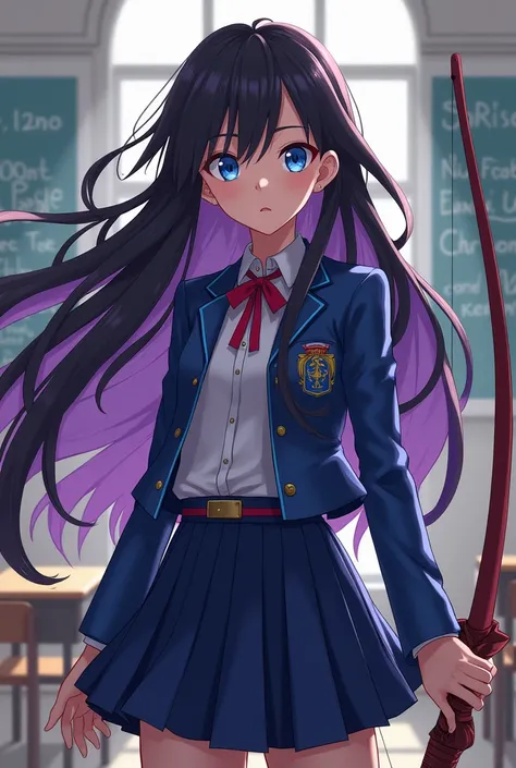 My no hero academy template 18 year old girl black and purple hair long bow blue eyes and with 
UA uniform and in a UA school class 