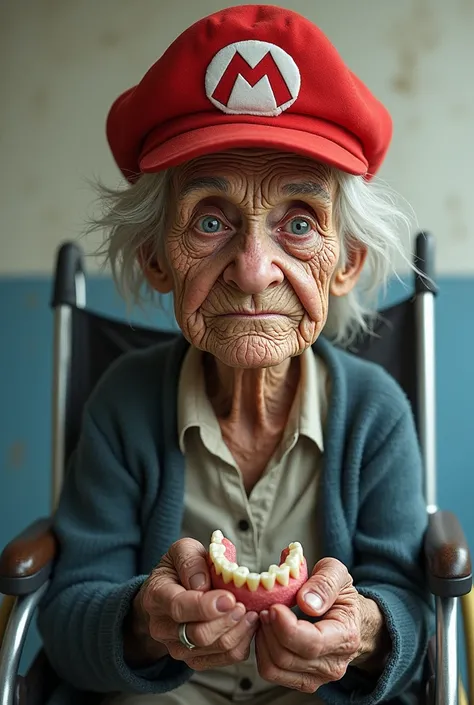 Old women with really dry skin and have mario hat and holding fake teeth and sit on wheelchair