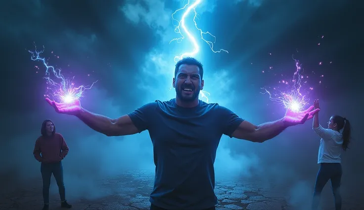  In the center of a dark and stormy scene ,  a man with a terrifying expression raises his hands extended ,  unleashing a supernatural energy that emanates as bright blue and purple rays .  His face is partially illuminated by the glow ,  showing an intimi...