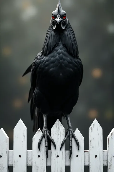 the rooster all black, black fur, black skin, black claw, red eyes, perched on the white fence