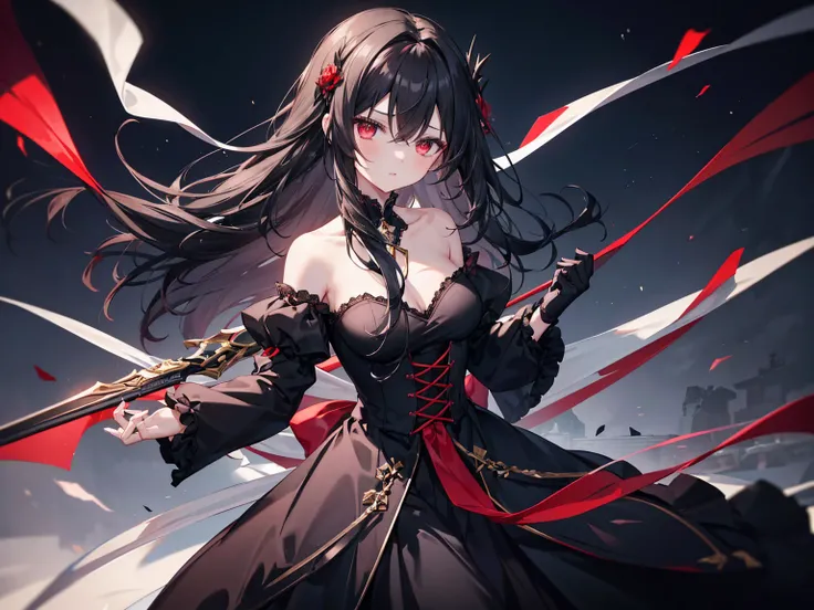   A dark haired fallen angel looks directly at the audience  ， , her red eyes are sharp and powerful  。,  Her long, flowing hair was like a river at night Flowing the same ，  Delicate hair shines in the dim light  。  A black dress with puffy sleeves , The ...