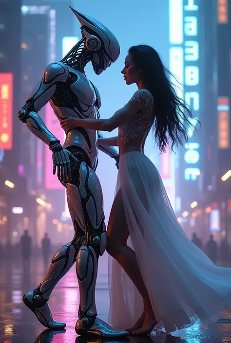 Futuristic robot alien dancer dancing with a sexy woman