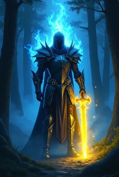  A solitary Death Knight ...  with an amature similar to those anime knights ...  with blue flames ...  but carrying a flamboyant sword that emits a yellow light ...  adds the character to a completely dark forest where it is only possible to see a few par...