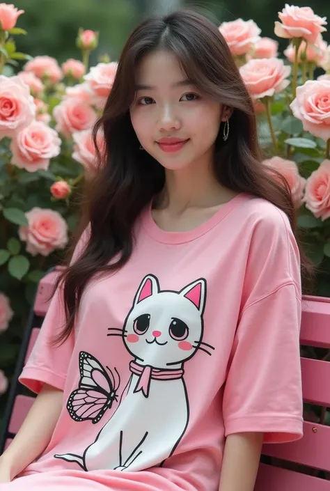  Portrait of a beautiful white Asian with a slightly fat body shape and fashionable long hair . wearing a pink oversize t-shirt with a cute garong cat print .She was sitting on a pink garden bench and surrounded by flowers of colorful roses that were so be...