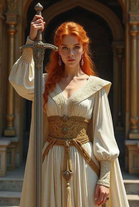 A ginger woman holding a cerimonial sword, using medieval white and yellow clothes