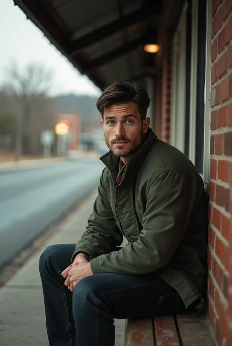 A picture of a man not handsome, with bad eyes, a coward, a man sitting at a mail stop.