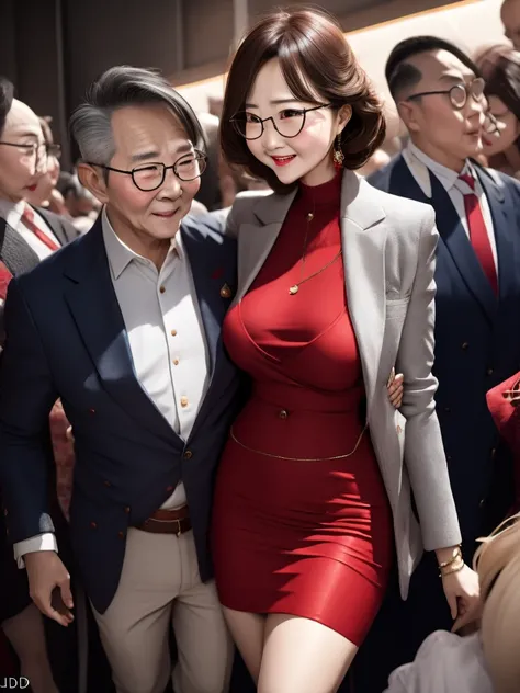 A beautiful woman wearing a revealing skirt suit no underwear, her elderly husband hugged and kissed her from behind in the crowded crowd, UHD, masterpiece, textured skin, super detail, best quality, 8k.