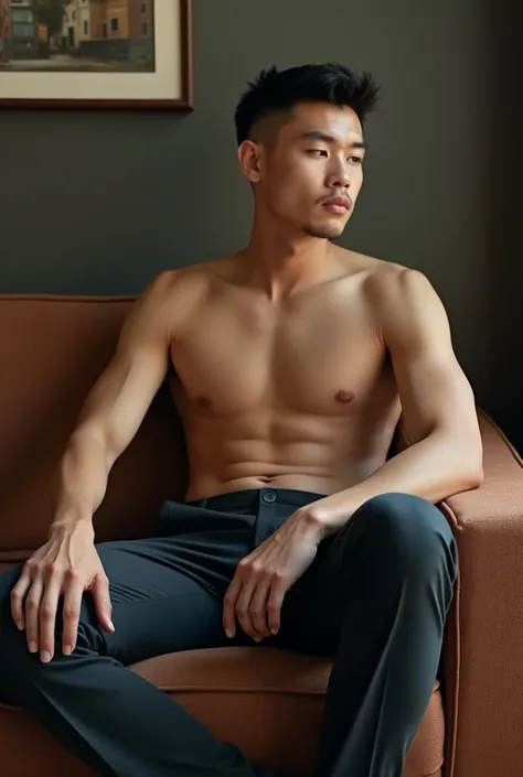 high resolution, masterpiece,  Best Quality,  high detail ,  very detailed ,  Ultra HD, brown short undercut hair, asian man, wear very tight suit pants but shirtless, topless, in manager room, sitting on a sofa, full body including legs and shoes, twink, ...