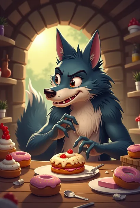 a wolf
was trying to make the chicken fat…
he went home and made the cake, the
doughnuts”