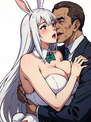 Bunny girl with long white hair gets hugged from behind by man，Big breast beauty， blush，Open mouth，White hair， hands to the left ，Forced Kiss