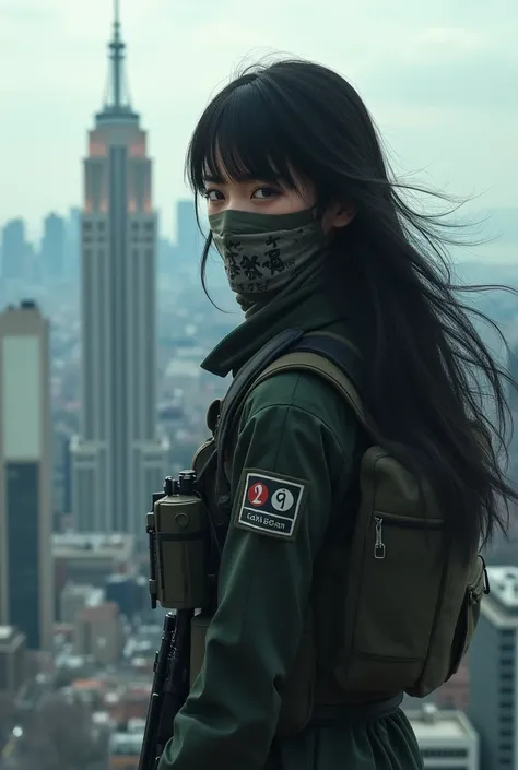 Japanese female sniper wearing a cloth mask standing on the roof of a high-rise building with her hair down