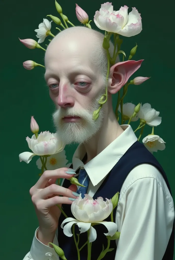  1 boy , bald, beard, daisy,  facial hair , flower卉背景, flower,  green background , lily (flower), 莲flower,  Male Focus , beard, Old, Old man, pink flower, portrait,  actual ,  with a simple background,  unique , Watermark, URL , What, white flower, White h...