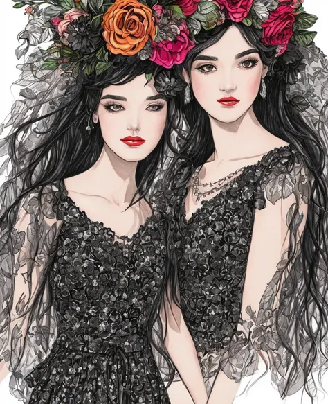 drawing of a womans face black hair long dress with frills floral print and a metal flower crown 