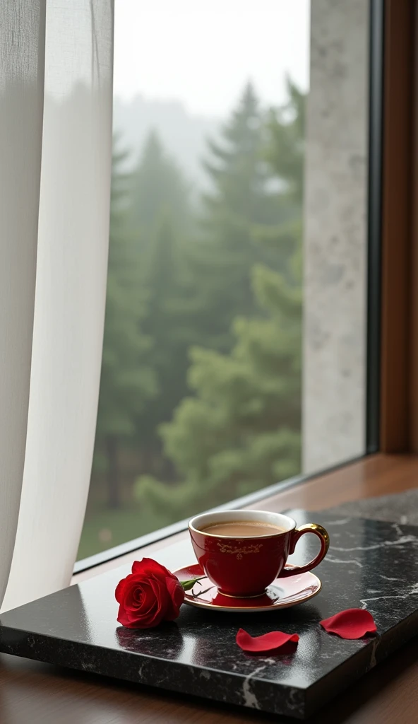 long-distance image, 3D a window with a translucent white curtain, below the window a black granite table on top of the table a beautiful red cup with golden edges full of coffee, next to it a beautiful red rose bud lying down, dull sun and day I see outsi...