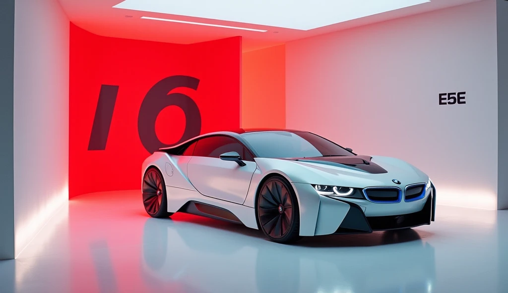 2025 BMW i6 in white collar  in the showroom writing BMW i6 at the bake wall behind with red collar  