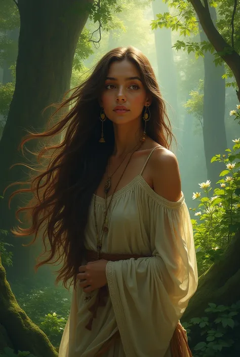 Long-haired brown Indian woman in the middle of the forest 