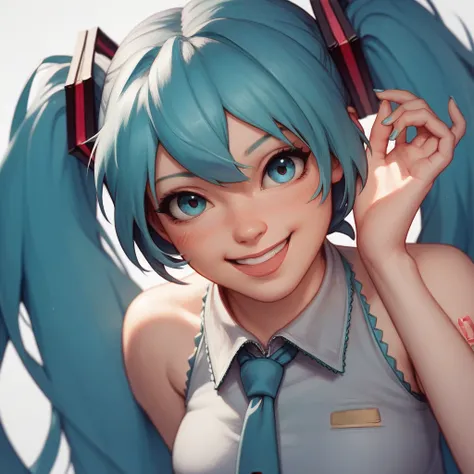 Hatsune Miku， blue hair ，She has a very sweet smile ，Very energetic ，Extreme Color，Super high quality