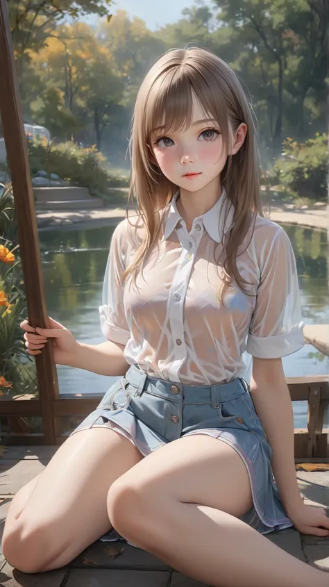  full body image,Realistic(masterpiece,Highest questions answered :1.4),(16k,RawPhotos,Realistic:1.2), Detailedskin,  detailface ,   slender girl in early fall park , cute face, Super Resolution,  realistic detailed illustrations ,,{{{Exquisite ,complicate...