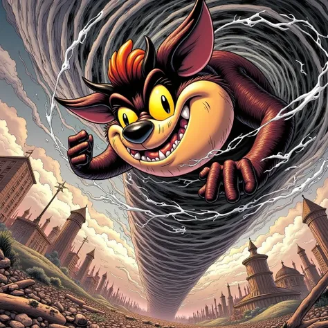 Taz the tazmanian devil spinning causing a tornado storm, dutch angle, taz spinning on ground in brown blur,  dynamic wide shot showcase devastation of the torrent of Twisters, flat speechless comic panel, rotoscope realism, hand drawn nuanced animation, h...