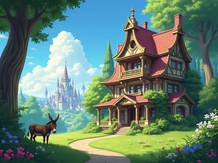 anime, Old fantasy city ,  big fantasy house,  lots of trees and flowers ,  beautiful green grass , a donkey outside .