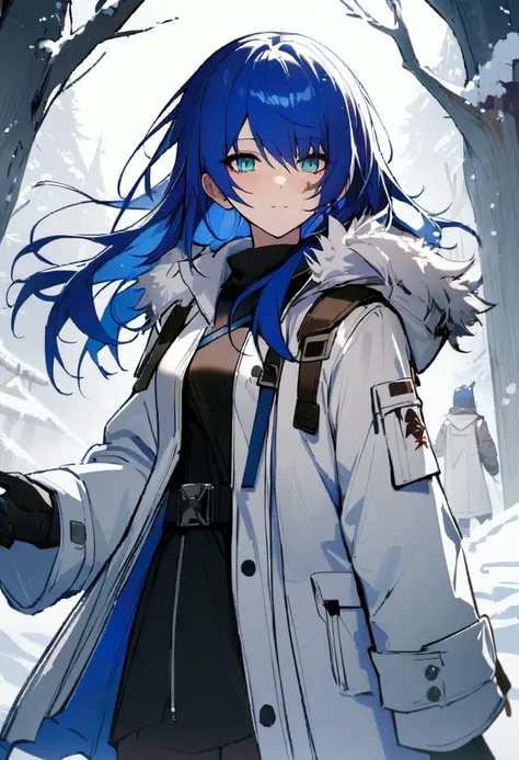 1 girl, Mostima, arknights, masterpiece, best quality, highres, blue hair, white background, Facial scar,winter