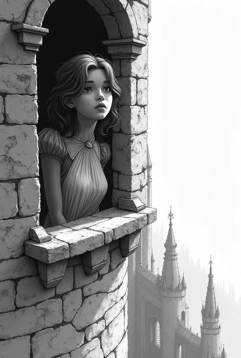 Black and white drawing of a princess peeking out the window of a tall tower