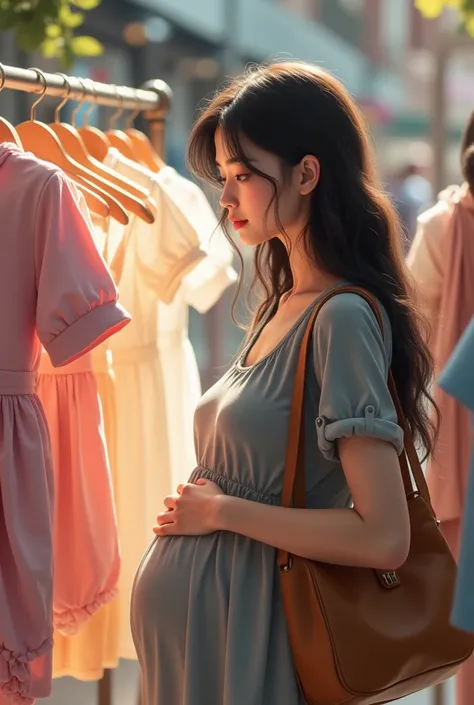 young woman,  long black hair with fringes and honey-colored eyes , white skin and pink lips,  she is wearing a loose gray dress with straps , She has a brown bag hanging over her shoulder ,  she is pregnant and looking at baby clothes in a clothing store ...