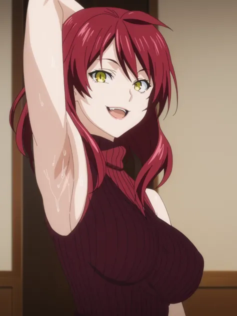 score_9, score_8_up, score_7_up, source_anime, anime screencap, 1girl, solo, kobayashi rindou, yellow eyes, red hair, red sweater, sleeveless sweater, turtleneck sweater, ribbed sweater, arm up, raised arm, armpit, from side, looking at viewer, head toward...