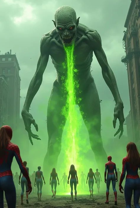 Giant female zombie vomiting green acidic from mouth vs female spiderman armys