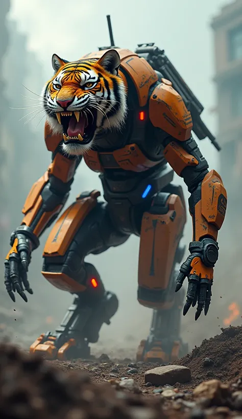 **prompt:**

" Tiger hybrid design combined with a walking combat vehicle ,  creates a futuristic and creepy look .  The tigers head protrudes with sharp fangs , roars full of ferocity ,  while its body is coated in modern metal armor with mechanical legs ...