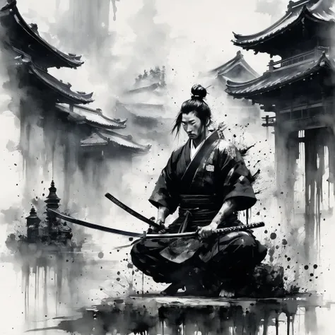 Black and white painting,Ink Painting,splash,Mamba Hair,samurai armor,sitting cross-legged,seppuku,disembowelment,