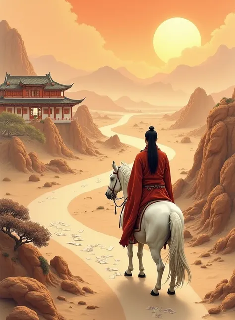 A traditional Chinese painting shows the back of a monk riding a white horse, located in the lower right corner of the picture, the background is desert, and there is a community of traditional Chinese buildings in the upper left corner. After the desert, ...