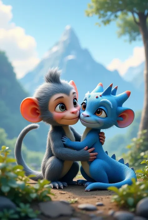  love a gray monkey and a cute blue dragon, care about,care ,8k, Detail,clear close-up ,authentic, nature, mountain forests,white clouds, Light ,