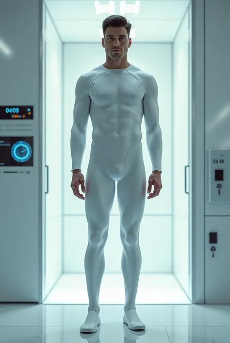 michael angel,  short dark brown hair ,  blue eyes,  dressed entirely in a white Spandex suit, introduced into the Conversion Chamber .