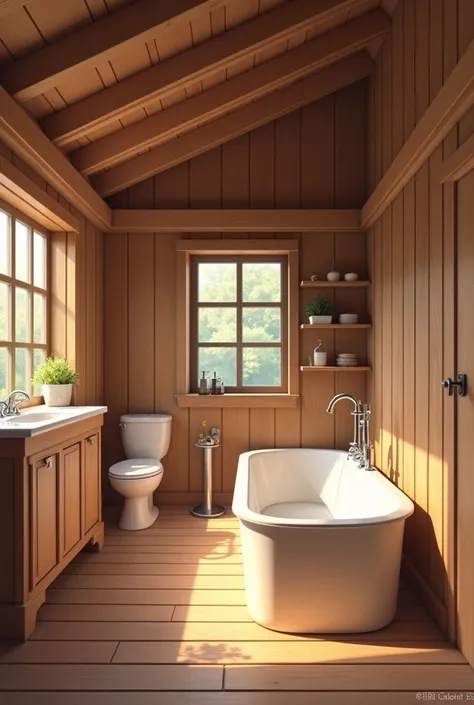  As an image of a bathroom with a medium tub and a shower, a simple toilet ,  the house is made of large wood .