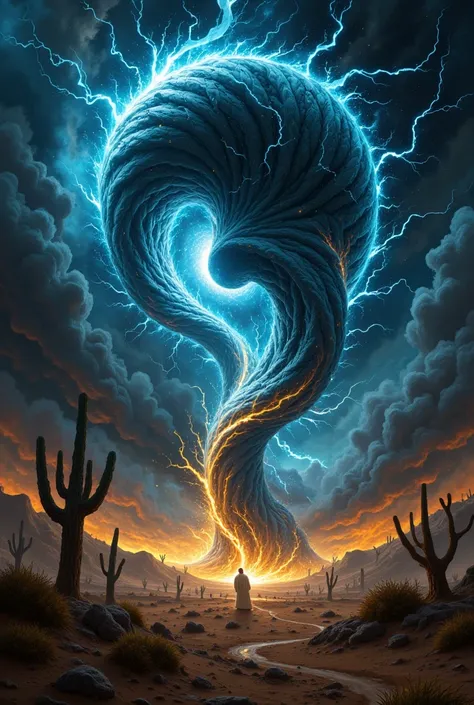 Desert wilderness, giant tornado, hurricane, spiral, lightning, sparks, terror, bold and dynamic, contrasts of light and shadow, 2.5D, artistic images art, ultra detailed, absolutely resolution, masterpiece