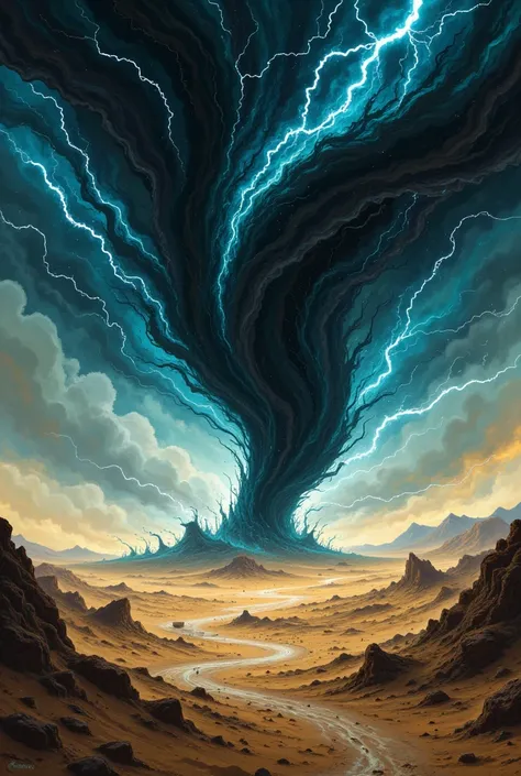 Desert wilderness, huge tornado, hurricane, spiral, lightning, sparks, terror, bold and dynamic, contrasts of light and shadow, 2.5D, artistic images art, ultra detailed, absolutely resolution, masterpiece