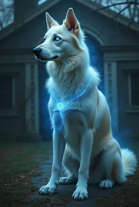 A mystical dog with glowing eyes, surrounded by a spiritual aura, standing protectively in front of an old house or gateway. The background is dark and foggy, suggesting a mysterious energy. The dog is portrayed as a spiritual guardian with divine energy r...