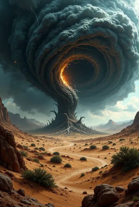 Desert wilderness, huge tornado, hurricane, spiral, lightning, sparks, terror, bold and dynamic, contrasts of light and shadow, 2.5D, artistic images art, ultra detailed, absolutely resolution, masterpiece