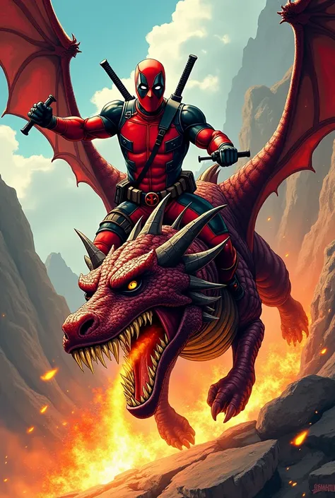 A Deadpool riding a fire-breathing dragon in a comic drawing