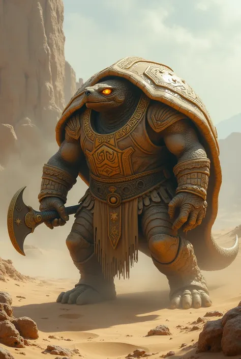 A mighty hybrid of a desert tortoise and a noble knight, standing firm in a misty, wind-swept desert. The creature had a large sturdy, armored shell and rough limbs like a desert tortoise, its surface engraved with ancient runes that glowed faintly with go...