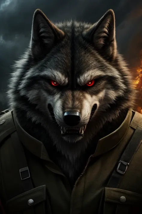 Death Wolf, wears boots, wears military uniforms, looks at viewer, looks angry, red eyes. 