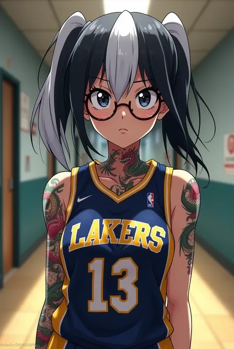 Boku no hero academia.  Young light brown skin girl . {( Hair half black and white )} .heterochromatic eyes .  has dragon tattoos on her neck and arms.he would be. ONLY a lip piercing .( school has a fighting scar across her left eye ).Wear round glasses ....